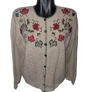 Vintage Northern Reflections Leaf Embroidered Beige Knit Button Up Sweater L